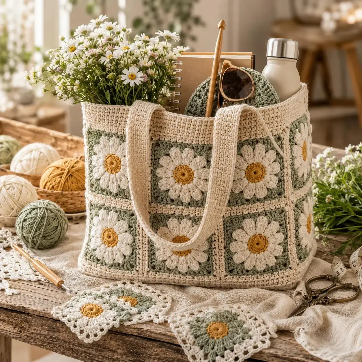 Crochet Daisy Tote Bag